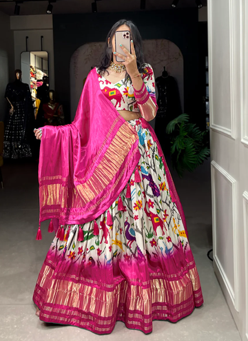 White Patola Printed Pure Gaji Silk Lehenga Choli For Wedding